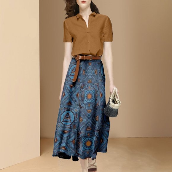 Short Sleeve Solid Color Blouse and Print Midi Skirts Set - Picture 2 of 6